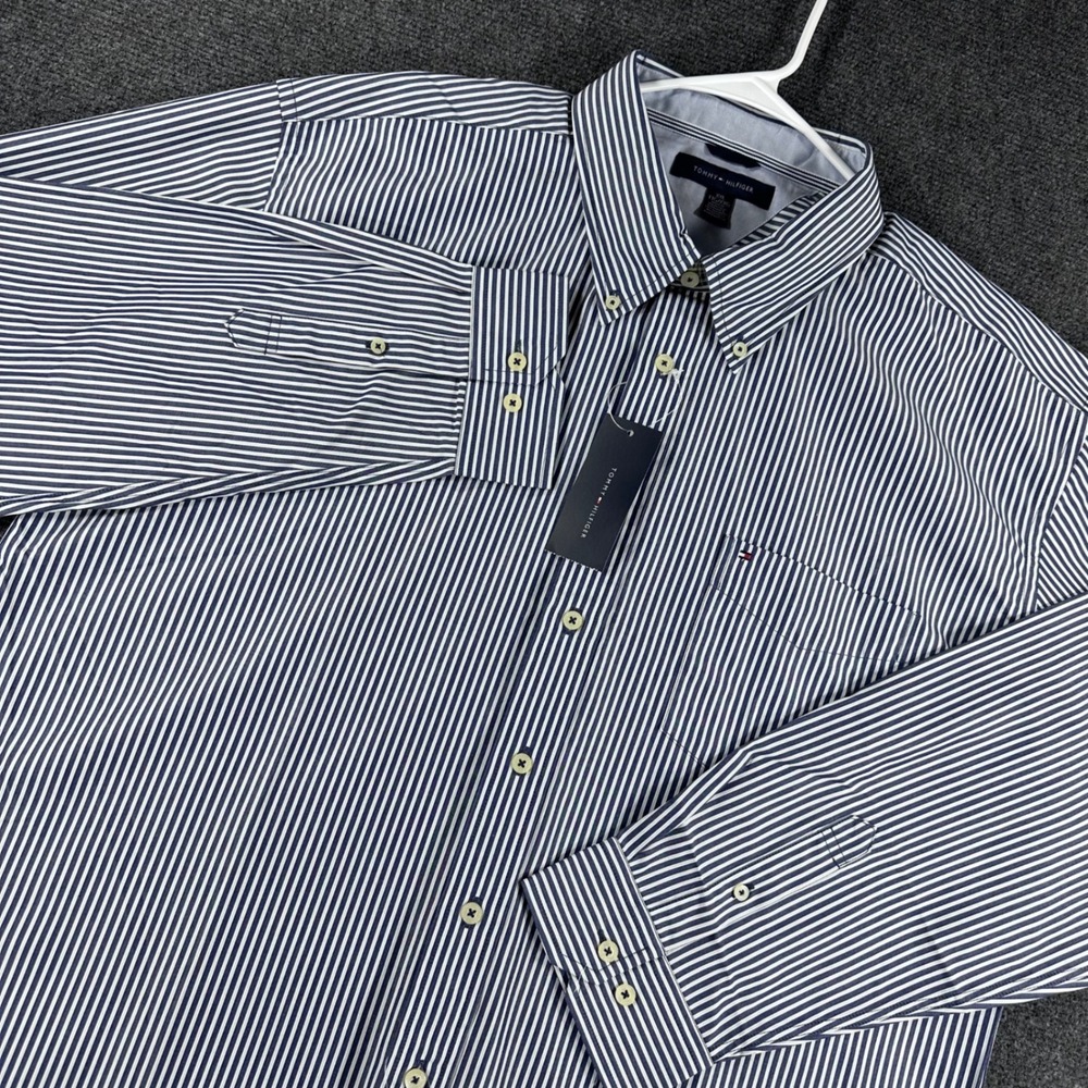 Tommy Hilfiger Button Down Shirt Mens XXL 2XL Blue White Striped Long Sleeve NWT